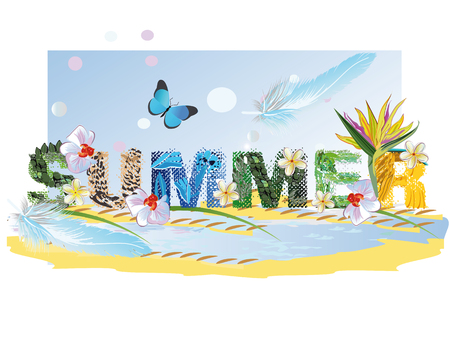 Lettering summer with animal textures with tropical flowers.のイラスト素材