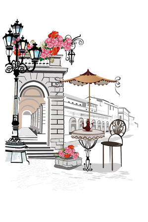 Series of backgrounds decorated with flowers, old town views and street cafes. Hand drawn Vector Illustration.のイラスト素材