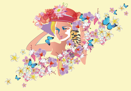 Abstract summer floral background with a girl in a hat.のイラスト素材