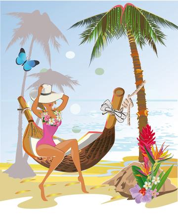 Fashion girl in hammock. Background with a sandy beach with palm trees and flowers.のイラスト素材