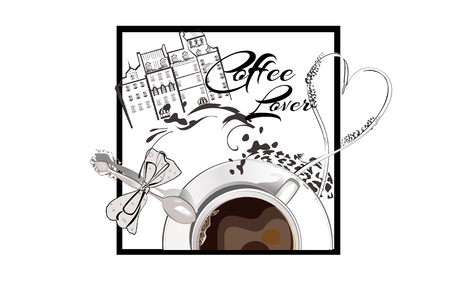 Coffee cup with a spoon and coffee beans decorated with a bow. Hand drawn vector.のイラスト素材