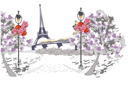 Background with the view of the Eiffel tower in Paris. Hand drawn illustration.のイラスト素材