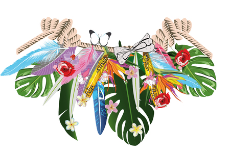 Summer tropical lace with palm leaves, feathers and flowers. Vector illustration design.のイラスト素材