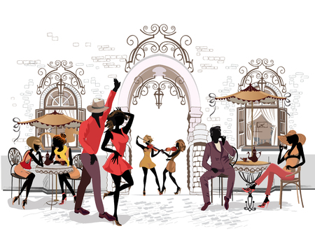 Series of the streets with musicians and dancing couples in the old city. Hand drawn vector illustration with retro buildings.のイラスト素材