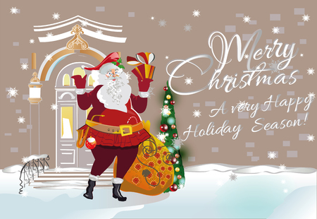 Santa with a big bag of gifts at snow-covered streets. Christmas greeting card background poster.  Vector illustration.のイラスト素材