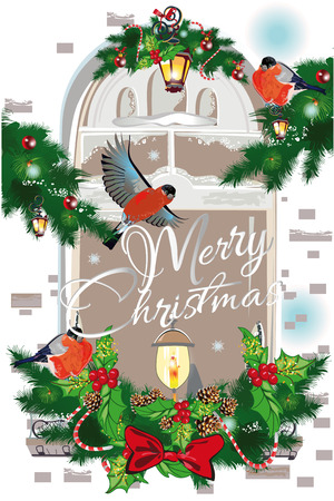 Christmas greeting card. Hand drawn  Illustration of the snowy window decorated with a New Year's garland.のイラスト素材