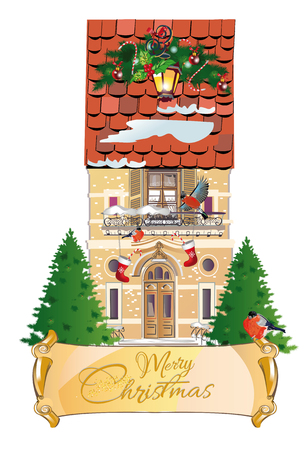 Christmas greeting card. Hand drawn  Illustration of the snowy building decorated with a New Year's garland.のイラスト素材