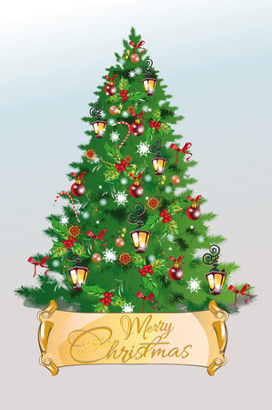 Christmas greeting card. Hand drawn vector Illustration of the Christmas tree decorated with a New Year's toys and bows.のイラスト素材