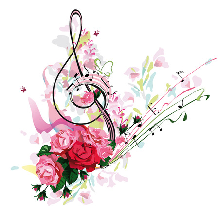 Abstract treble clef decorated with rose flowers and splashes. Hand drawn vector illustration.のイラスト素材