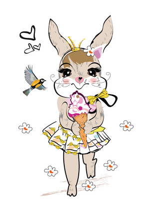 Fashion hare with an ice-cream and a bird, decorated with flowers hand drawn graphic, kid printのイラスト素材