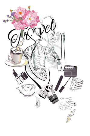Travel background with a cup of coffee and a pair of sneakers with laces in the form of heart. Hand drawn vector illustration.のイラスト素材