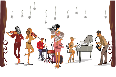 Musicians at the party. Jazz band. Hand drawn vector illustration.のイラスト素材