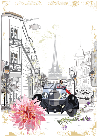 Fashion girl in a hat and in  a coat  shopping in the street of the old city. Retro car. Hand drawn vector architectural background with historic buildings.のイラスト素材