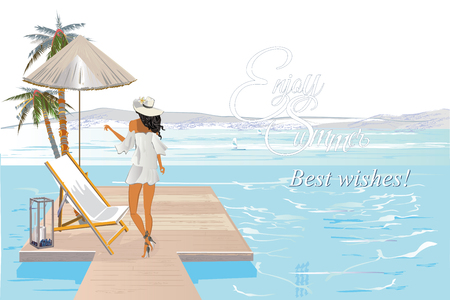 Series of tropical background with a sandy beach with palm trees and ladyのイラスト素材