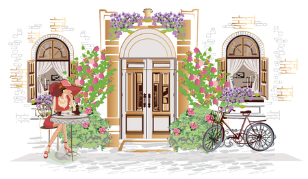 Series of backgrounds decorated with flowers, old town views and street cafes.    Hand drawn vector architectural background with historic buildings.のイラスト素材