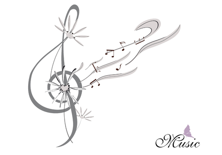 Abstract treble clef decorated with summer and spring flowers, notes. Hand drawn vector illustration.のイラスト素材
