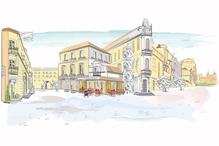 Series of street views in the old city. Hand drawn vector architectural background with historic buildings.のイラスト素材
