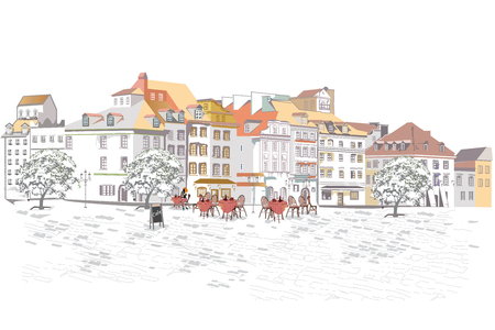 Series of street views in the old city. Hand drawn vector architectural background with historic buildings.のイラスト素材