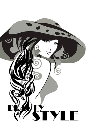 Fashion woman portrait in a hat with flowers and a shopping bag. Vector illustration.のイラスト素材