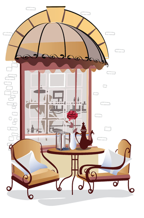 Series of street views with cafes in the old city. Hand drawn vector architectural background with historic buildings.のイラスト素材