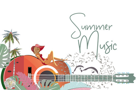 Abstract guitar decorated with summer and spring flowers, palm leaves, notes, flamingo. Beautiful girl in a red hat.のイラスト素材
