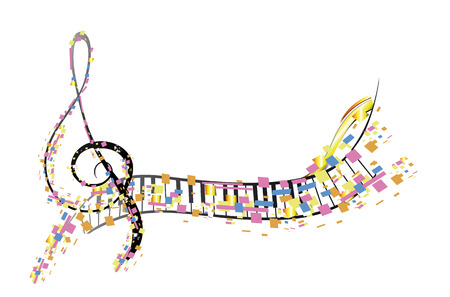 Abstract treble clef decorated with colorful splashes, notes. Hand drawn vector musical illustration.のイラスト素材