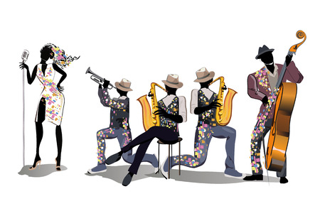 Musicians at the party. Jazz band. Hand drawn vector illustration.のイラスト素材