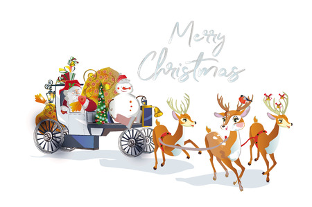 Christmas card with Santa Claus in the carriage with cute deers. Cartoon style.のイラスト素材