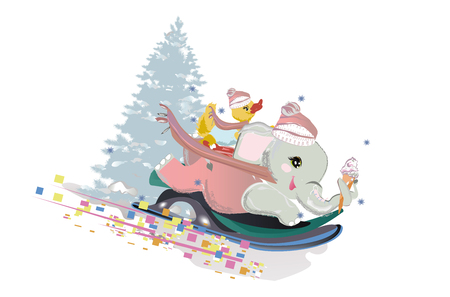Series of illustrations with cute funny animals in cartoon style. Hippo with squirrel sledging in winter. Christmas card.のイラスト素材