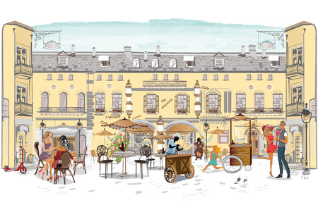Series of the street city, vector illustration. Waiters serve the tables.のイラスト素材