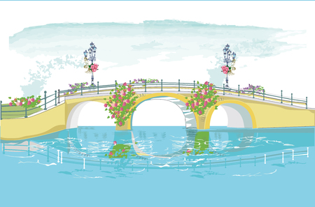 Series of colorful park landscapes with threes, flowers and a bridge. Hand drawn vector illustration.のイラスト素材