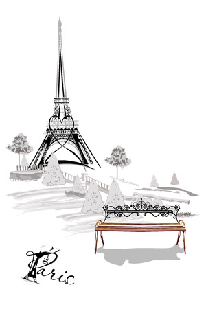 Background with the Eiffel Tower and a bench in the Parisian park. Hand drawn vector illustration.のイラスト素材