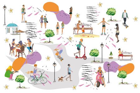 Set of people having rest in the park.  Leisure outdoor activities:  skateboard, roller-skates, riding a scooter and bicycle. Colorful vector illustration.のイラスト素材