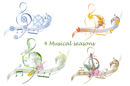 Abstract treble clef decorated with summer, autumn, winter and spring decorations: flowers, leaves, notes, birds. Hand drawn musical vector illustration.のイラスト素材