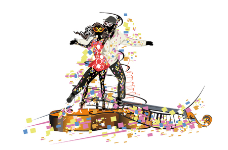 Beautiful romantic couple in passionate Latin American dances. Salsa festival. Hand drawn poster background.のイラスト素材