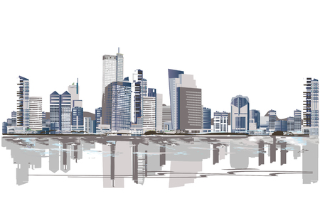 Series of abstract street views in the city. Hand drawn vector architectural background with skyscrapers.のイラスト素材