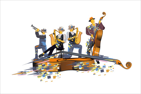 Abstract colorful musical poster design with musicians and musical waves. Hand drawn vector illustrationのイラスト素材