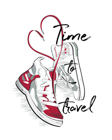 Pair of sneakers with laces in the form of heart. T-shirt design. Hand drawn vector illustration.のイラスト素材