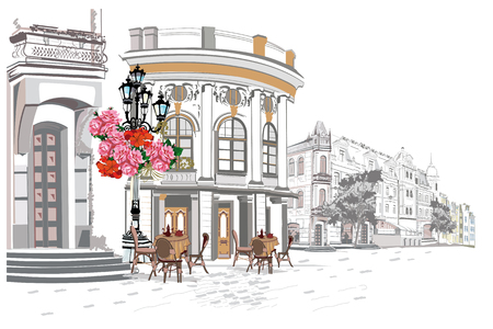 Series of backgrounds decorated with flowers, old town views and street cafes.    Hand drawn vector architectural background with historic buildings.のイラスト素材