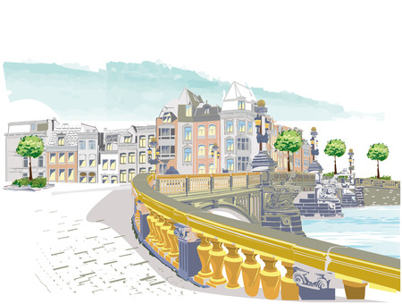 Series of backgrounds decorated with flowers, old town views and street cafes.    Hand drawn vector architectural background with historic buildings.のイラスト素材