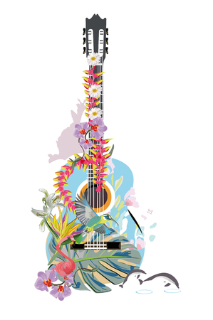 Abstract guitar decorated with summer and spring flowers, palm leaves, notes, flamingo.のイラスト素材