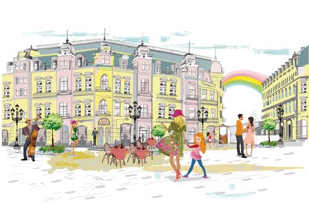 Fashion people in the street cafe. Street cafe with flowers in the old city. Street musicians.のイラスト素材