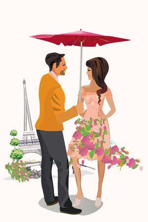 Romantic hugging couple near the Eiffel Tower among the flowers. Travel design background for postcard etc.のイラスト素材