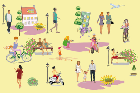 Set of people having rest in the park.  Leisure outdoor activities:  skateboard, roller-skates, riding a scooter and bicycle. Colorful vector illustration.のイラスト素材