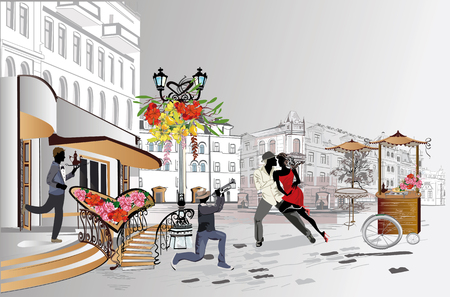 Fashion people in the street cafe. Street cafe with flowers in the old city. Street musicians.のイラスト素材