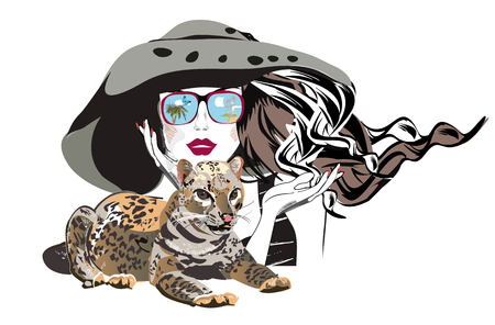 Beautiful fashion girl in hat and sunglasses with her pet, a leopard. T shirt design. Hand drawn vector illustration.のイラスト素材