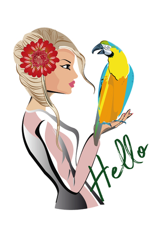 Beautiful fashion girl in hat and sunglasses with her pet, a parrot. T shirt design. Hand drawn vector illustration.のイラスト素材