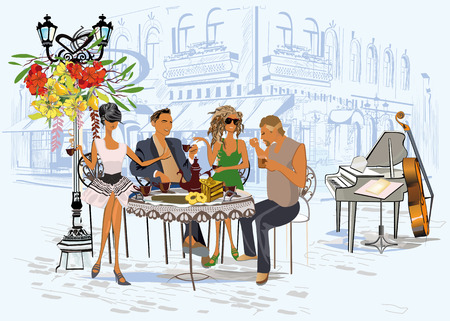 Series of the street cafes with fashion people, men and women, in the old city, vector illustration. Waiters serve the tables.のイラスト素材
