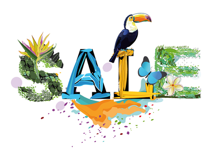 Series of Summer Sale banner with tropical leaves and animals. Hand drawn illustration.のイラスト素材