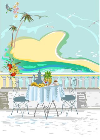 Series of relax summer backgrounds with sunlight and sea beach. Island in the form of heart in the ocean. Hand drawn illustration.のイラスト素材